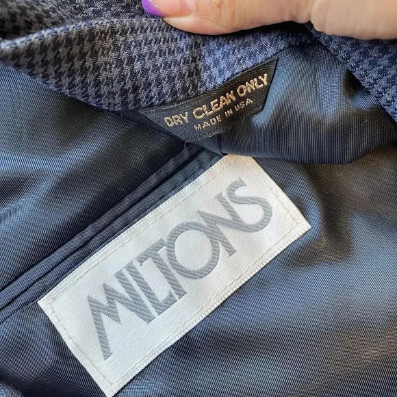 Men’s 2Button Blazer Jacket Sz 44L Pure Silk Plaid Houndstooth Blue Gray Pocket - Picture 5 of 11